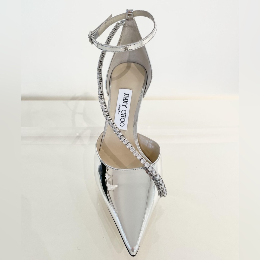 Jimmy Choo Metallic Silver Ankle Strap Heels, 38.5, but fits like an 8